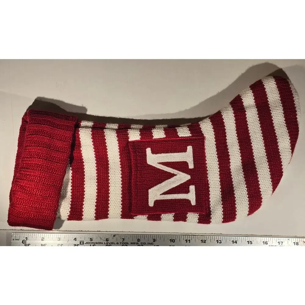 Wondershop Christmas Stocking Red White Striped Monogram M Knit 18 Inch